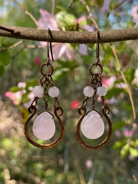 Handcrafted Bronze and Rose Quartz Drop Earrings